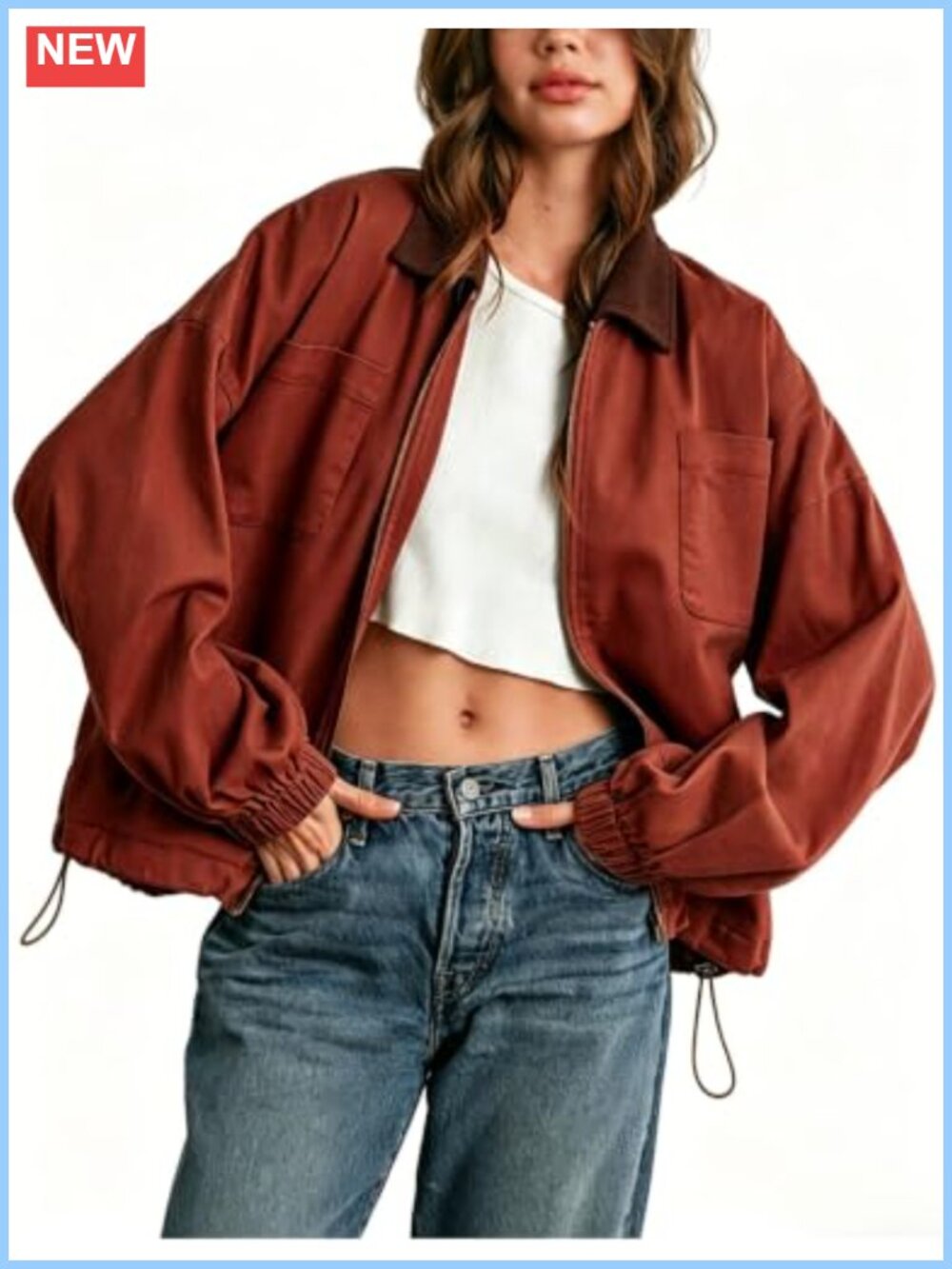 Women's Corduroy Collar Barn Jacket Zip Utility Lightweight Canvas Workwear